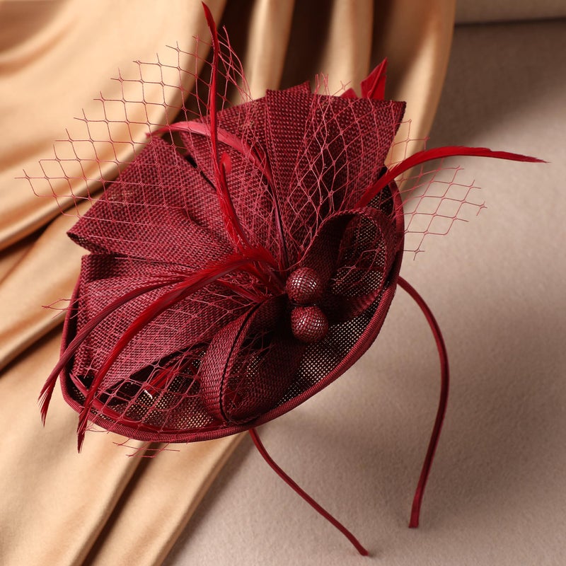 Zinniday Tea Party Hat for Women - 2026 Derby Fascinator with Detachable Headband (7.87 â€œx5.9â€ / Head Circumference 21.5â€œ-23.5â€) - Lightweight Feather & Polyester Wine Red - Image 5