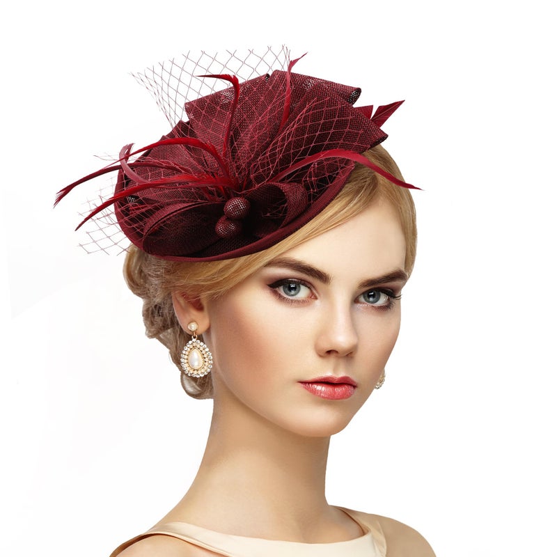 Zinniday Tea Party Hat for Women - 2026 Derby Fascinator with Detachable Headband (7.87 â€œx5.9â€ / Head Circumference 21.5â€œ-23.5â€) - Lightweight Feather & Polyester Wine Red - Image 1