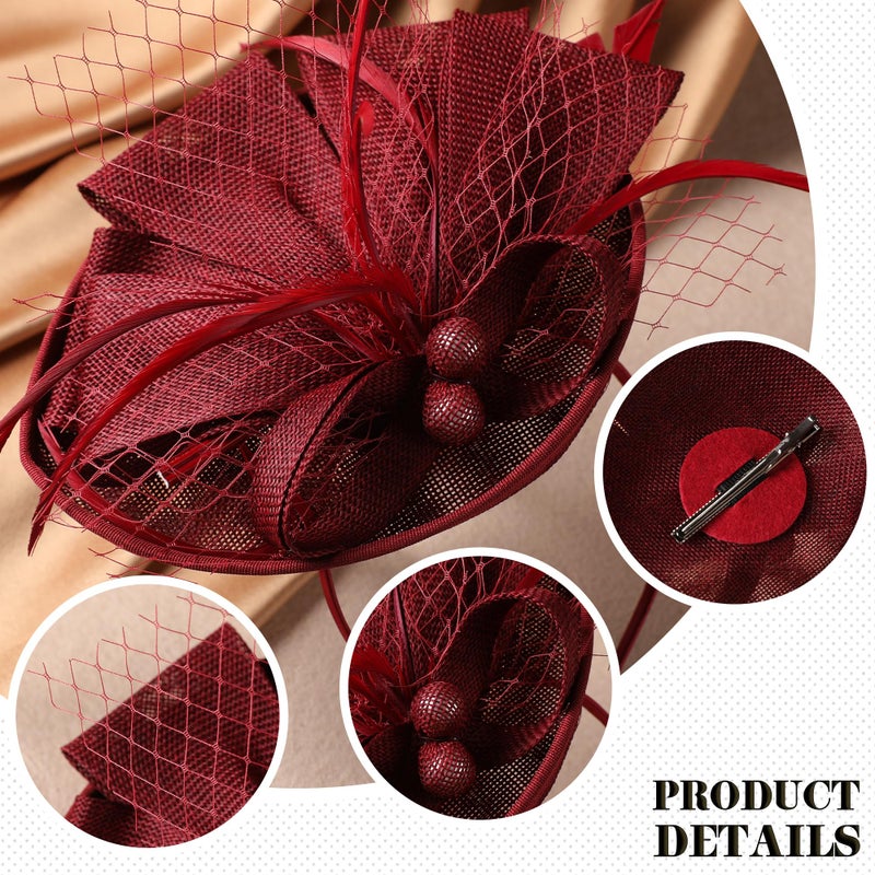 Zinniday Tea Party Hat for Women - 2026 Derby Fascinator with Detachable Headband (7.87 â€œx5.9â€ / Head Circumference 21.5â€œ-23.5â€) - Lightweight Feather & Polyester Wine Red - Image 3