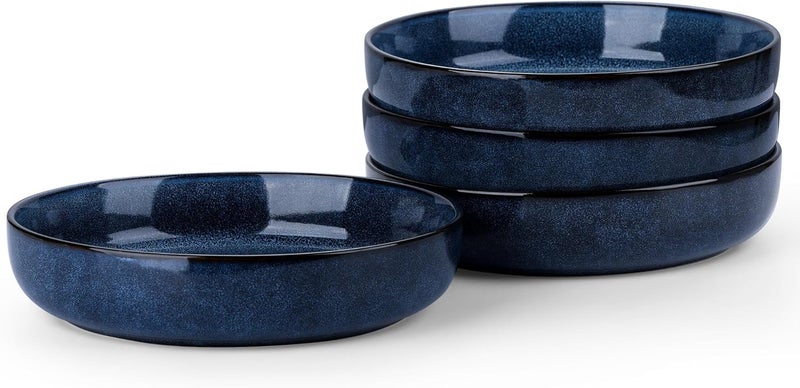 LIANYU Stoneware Pasta Bowls Set of 4 37oz Large Salad Pasta Bowl for Home Wide and Shallow Ceramic Plate Bowls for Serving Soup Dinner Microwave  Dishwasher Safe Sapphire Blue - Image 1