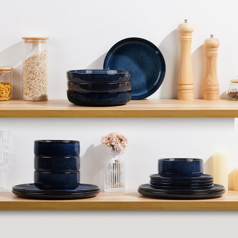 LIANYU Stoneware Pasta Bowls Set of 4 37oz Large Salad Pasta Bowl for Home Wide and Shallow Ceramic Plate Bowls for Serving Soup Dinner Microwave  Dishwasher Safe Sapphire Blue - Image 5