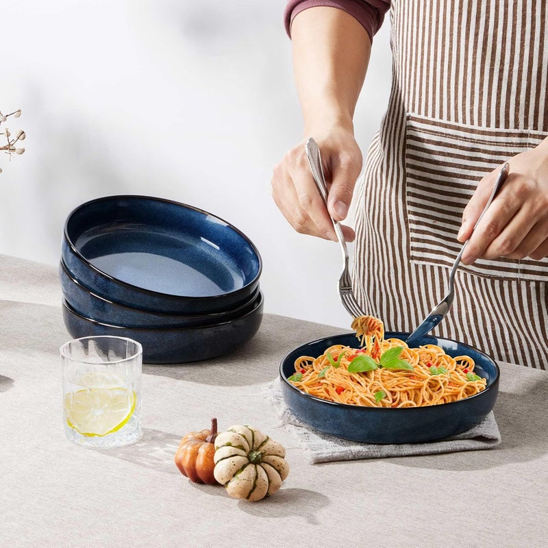 LIANYU Stoneware Pasta Bowls Set of 4 37oz Large Salad Pasta Bowl for Home Wide and Shallow Ceramic Plate Bowls for Serving Soup Dinner Microwave  Dishwasher Safe Sapphire Blue - Image 4