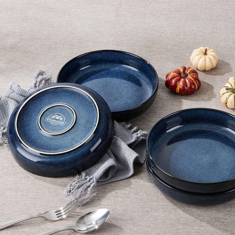 LIANYU Stoneware Pasta Bowls Set of 4 37oz Large Salad Pasta Bowl for Home Wide and Shallow Ceramic Plate Bowls for Serving Soup Dinner Microwave  Dishwasher Safe Sapphire Blue - Image 2