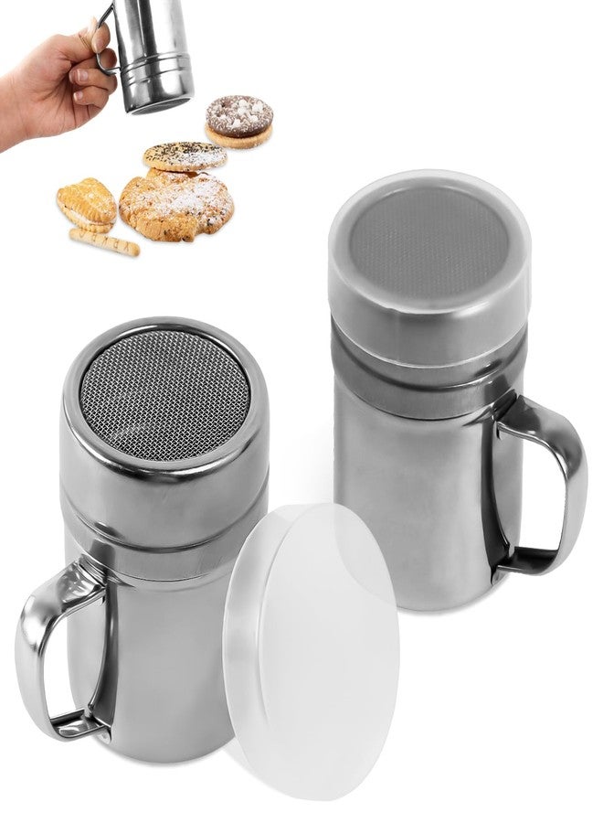 OYANIMO 2 Pcs Powdered Sugar Shaker Duster with Handle, Stainless Steel Fine Mesh Shaker Powder Cans with Plastic Lid, Sifter Dredge Shaker for Powder Sugar Cinnamon Cocoa Pepper Coffee Flour Salt (10oz) - Image 1