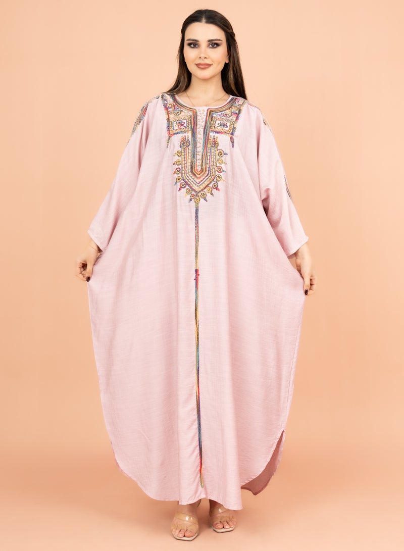 IKKXA FreeSize Solid Jalabiya with Intricate Embroidery IK4005 Pink - Image 1