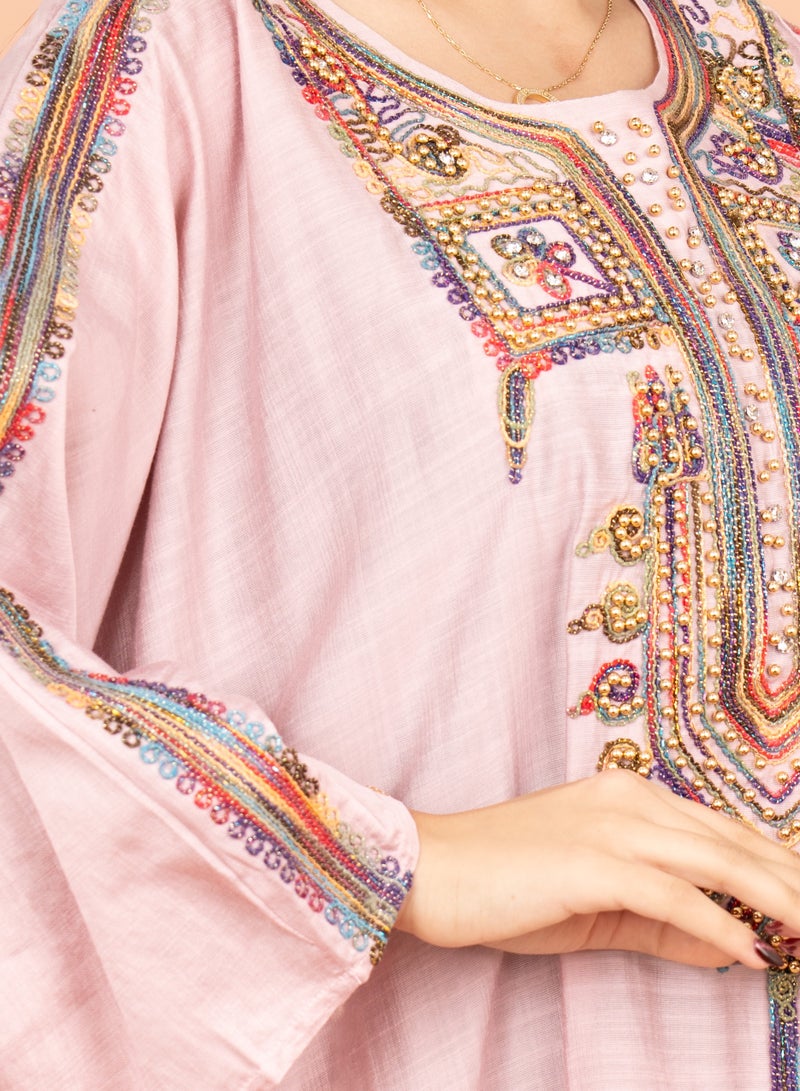IKKXA FreeSize Solid Jalabiya with Intricate Embroidery IK4005 Pink - Image 2