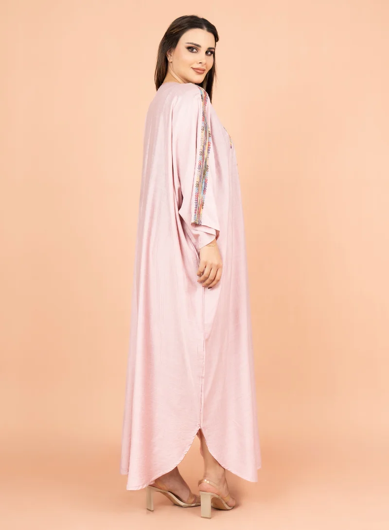 IKKXA FreeSize Solid Jalabiya with Intricate Embroidery IK4005 Pink