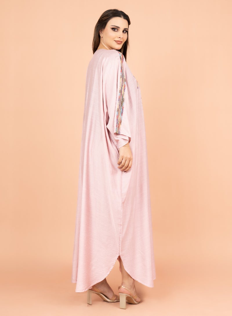 IKKXA FreeSize Solid Jalabiya with Intricate Embroidery IK4005 Pink - Image 3