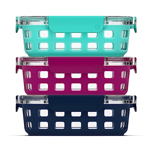 Ello Duraglass 3.4 Cup Meal Prep Sets 6Pc, 3 Pack Set- Glass Food Storage Container with Silicone Sleeve and Airtight BPA-Free Plastic Lids, Dishwasher, Microwave, and Freezer Safe, Berry - Image 1