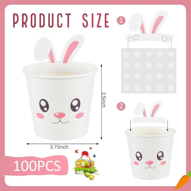 Tioncy 100 Pcs Easter Paper Cups 10oz Bunny Treat Snack Cups Bulk Disposable Easter Rabbit Cup with Ears Design Ice Cream Bowls for Easter Spring Bunny Themed Birthday Decorations Tea Parties Supplies - Image 2