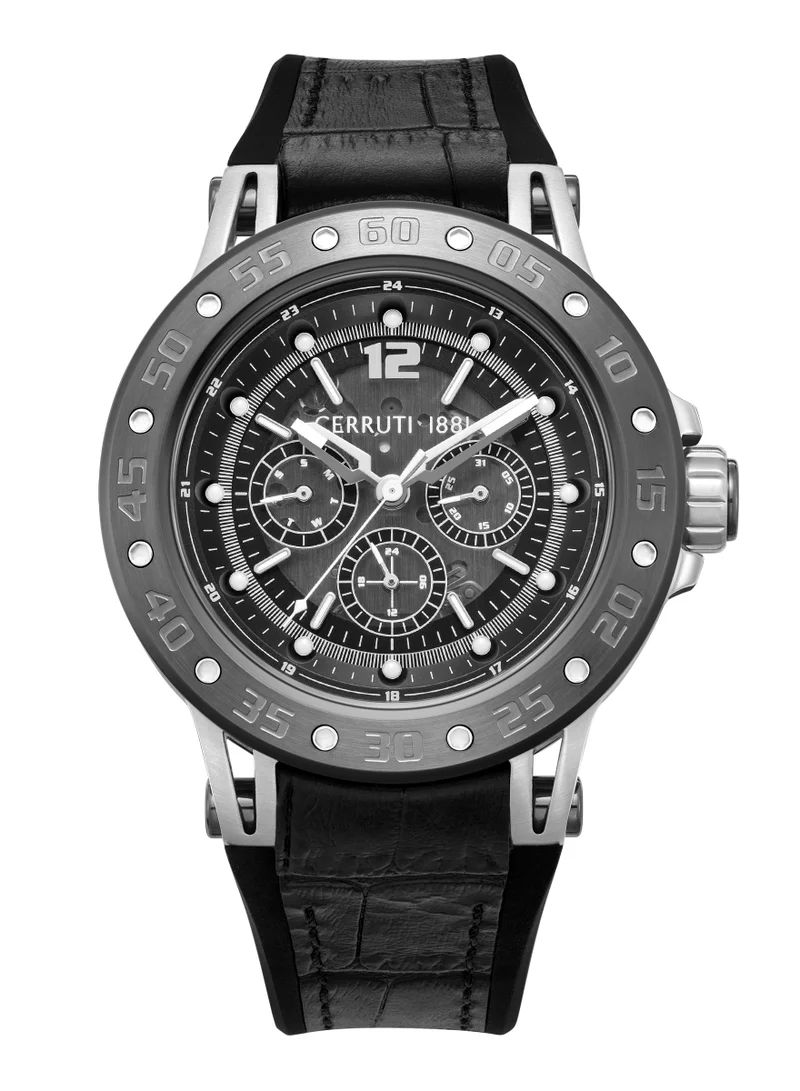 Velletri Black Genuine Leather Strap Multifunction Watch for Men, 45mm, 5 ATM