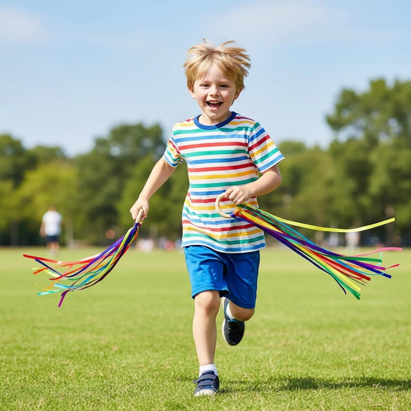 Sumind 6 Pcs Rainbow Ribbon Hand Kites Wands for Kids Dancer Streamer String Toy Thrown Waldorf Wand with Wooden Ring Wand Learning Educational(Vivid Colors) - Image 4