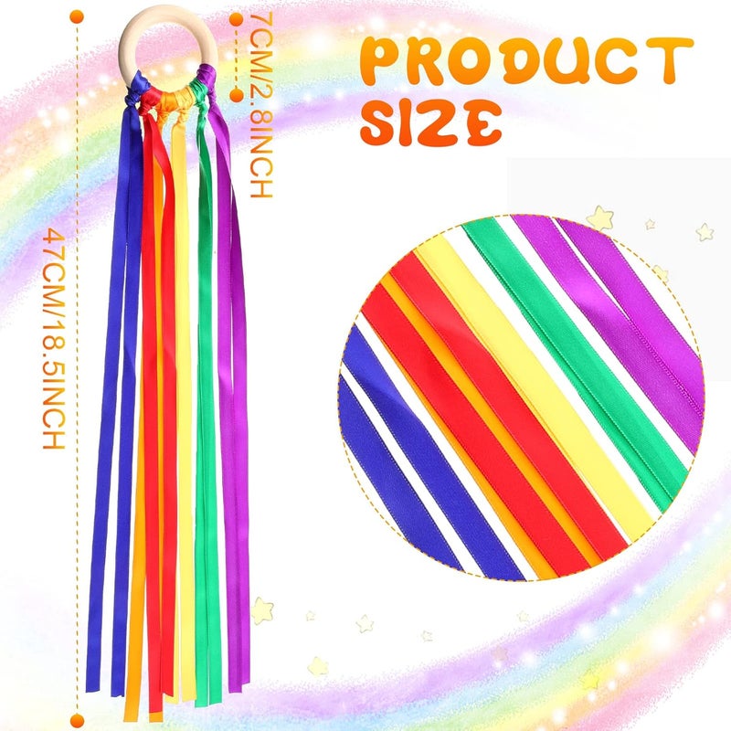 Sumind 6 Pcs Rainbow Ribbon Hand Kites Wands for Kids Dancer Streamer String Toy Thrown Waldorf Wand with Wooden Ring Wand Learning Educational(Vivid Colors) - Image 2
