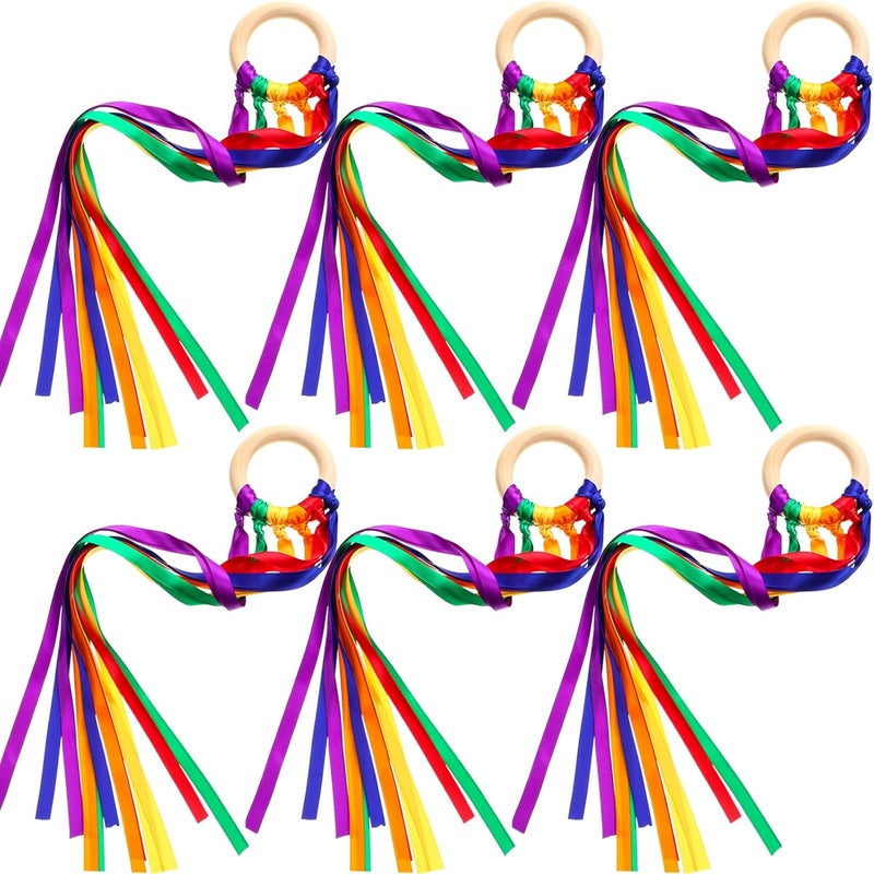 Sumind 6 Pcs Rainbow Ribbon Hand Kites Wands for Kids Dancer Streamer String Toy Thrown Waldorf Wand with Wooden Ring Wand Learning Educational(Vivid Colors) - Image 1