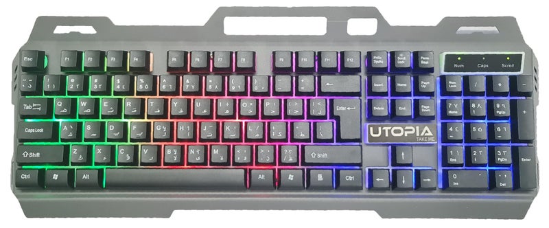 Utopia (K-102) Gaming Keyboard with Rainbow Color LED Lighting and Metal cover Plastic Gaming Surface - Easy and comfortable to use - Arabic & English 104 Keys - Black