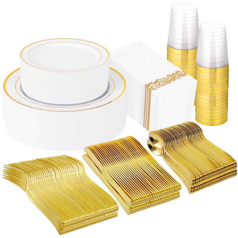 Supernal 400pcs Gold Plastic Dinnerware Set for 50 GuestsGold Plastic Plates Heavy Duty Disposable Party Plates 200 Gold Plastic Silverware Linen Napkins Clear Cups For WeddingBirthday