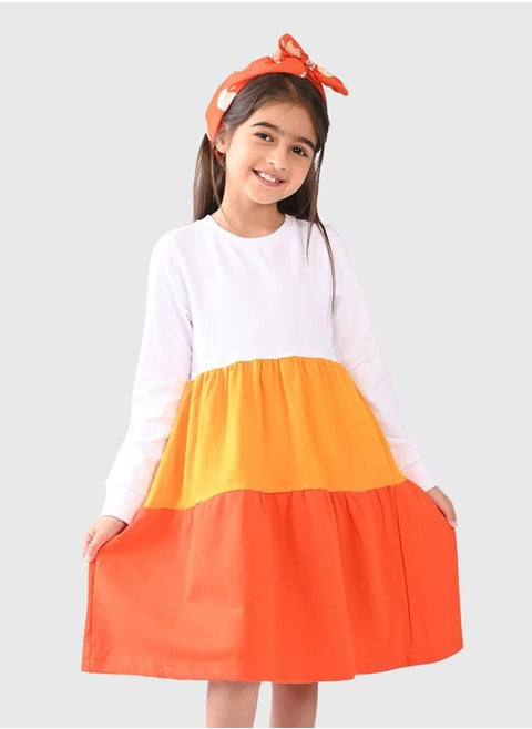 Regular Fit Printed Mutli Cotton Dresses For Girls Round Neck Flat Collar Pull On 100 % Cotton