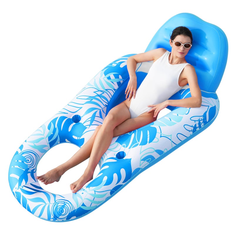 SLOOSH Pool Lounge Float Adult, Inflatable Pool Floats Lounger Raft Floaties Water Floating Recliner Chair with Cup Holders Foot Rest Swimming Floaty, Blue - Image 1