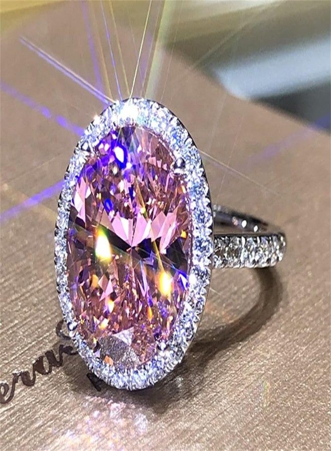 AZQ 925 Sterling Silver Shiny Full Diamond Ring 18K Gold Cocktail Rings Oval Pink Cubic Zirconia Promise Rings CZ Diamond Multi Row Ring Eternity Engagement Wedding Band Ring for Women Z.60 (US Code 6) - Image 2