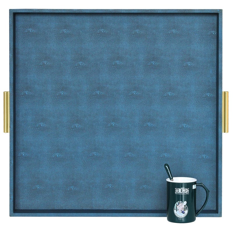 HofferRuffer Extra Large Square Serving Tray Elegant Faux Leather Ottoman Tray with Gold Hardware Handles Serve Tea Coffee or Breakfast in Bed 24 x 24 inches Navy Blue Shagreen