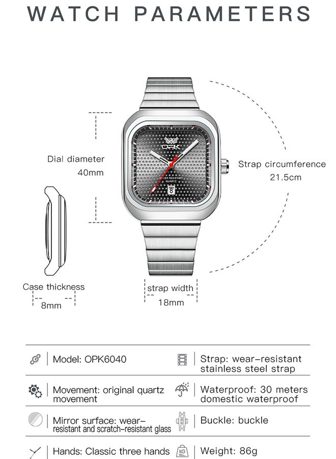 Opk Stylish Square Steel Strap Men'S Watch, Luminous And Waterproof, Single Calendar Quartz Watch, 6041 Steel Strap, Natural Black. - Image 3