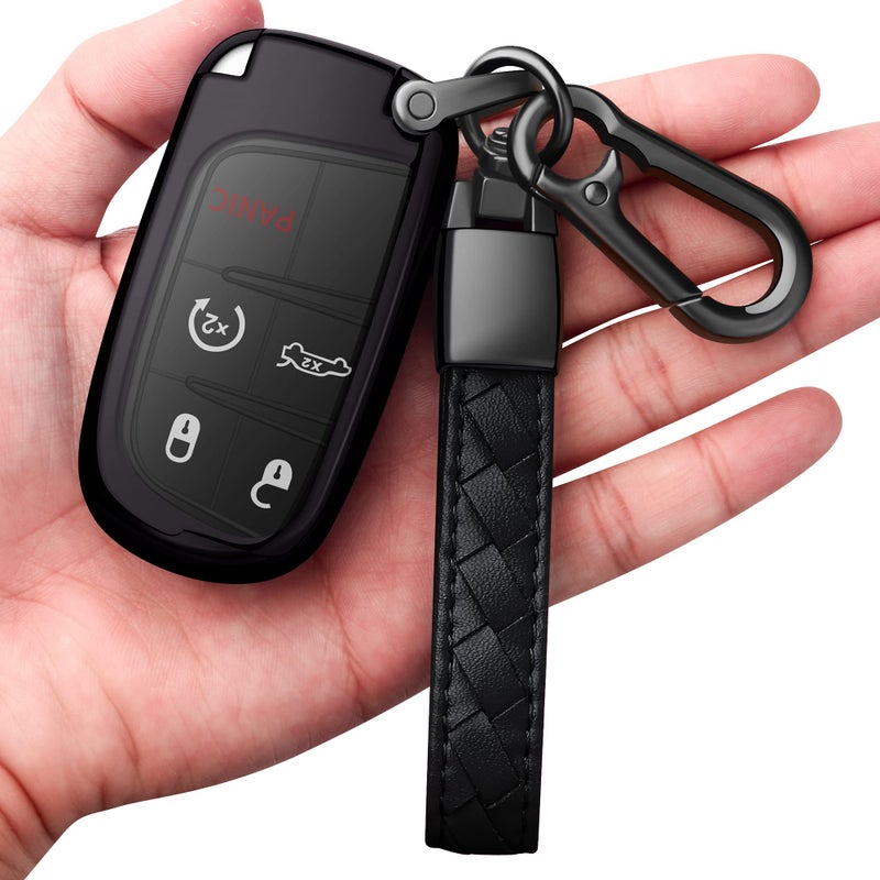Autophone Compatible With Jeep Key Fob Cover With Leather Keychain Soft TPU Protection Key Case For Grand Cherokee Renegade Chrysler 200 300 Dodge RAM Durango Challenger Journey Dart Fiat Smart Key,Black - Image 1