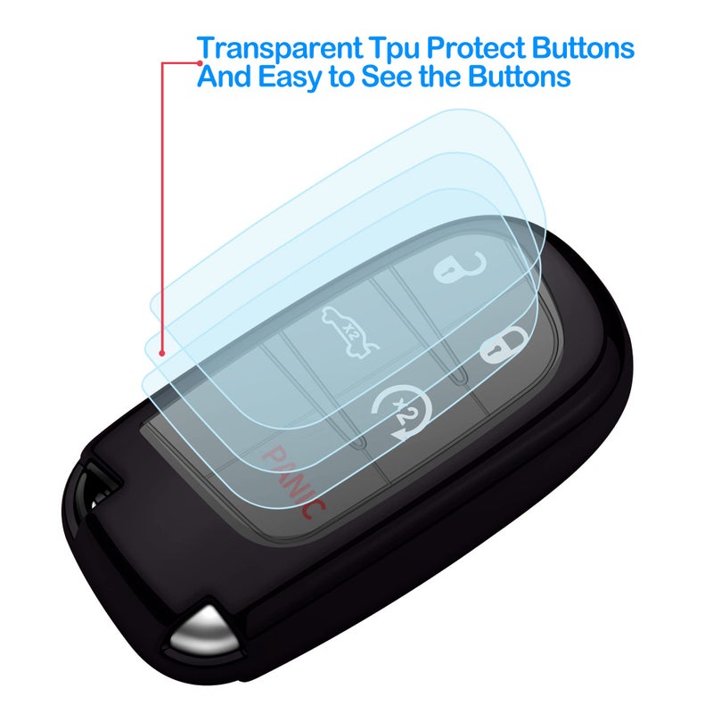 Autophone Compatible With Jeep Key Fob Cover With Leather Keychain Soft TPU Protection Key Case For Grand Cherokee Renegade Chrysler 200 300 Dodge RAM Durango Challenger Journey Dart Fiat Smart Key,Black - Image 4