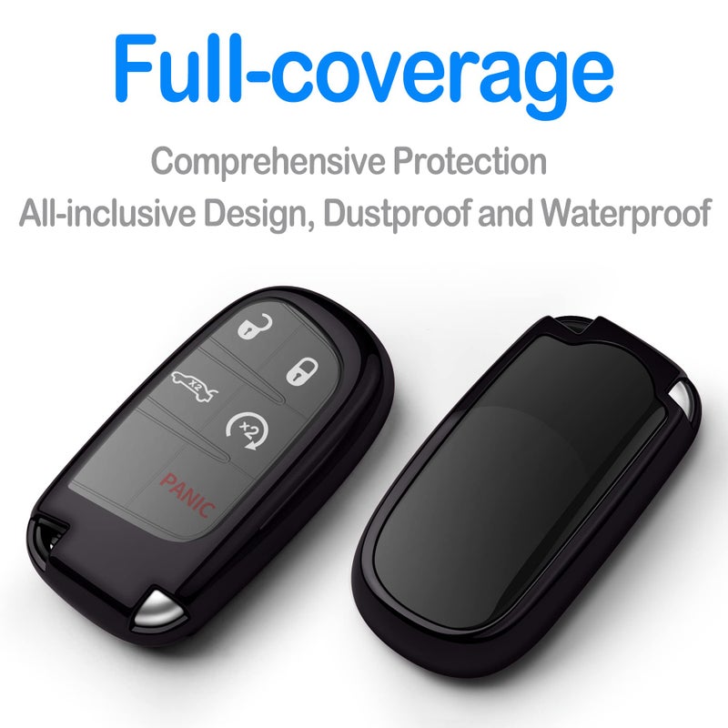 Autophone Compatible With Jeep Key Fob Cover With Leather Keychain Soft TPU Protection Key Case For Grand Cherokee Renegade Chrysler 200 300 Dodge RAM Durango Challenger Journey Dart Fiat Smart Key,Black - Image 2