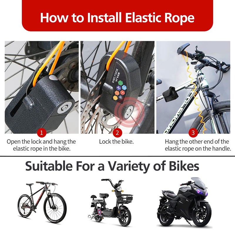 Ruby Q Alarm Disc Lock Set, Brake Lock, Anti-Theft Waterproof 110 dB 7mm Pin 5ft Reminder Cable for Motorcycles Bike Scooter Carry Pouch (1pcs Black) - Image 5