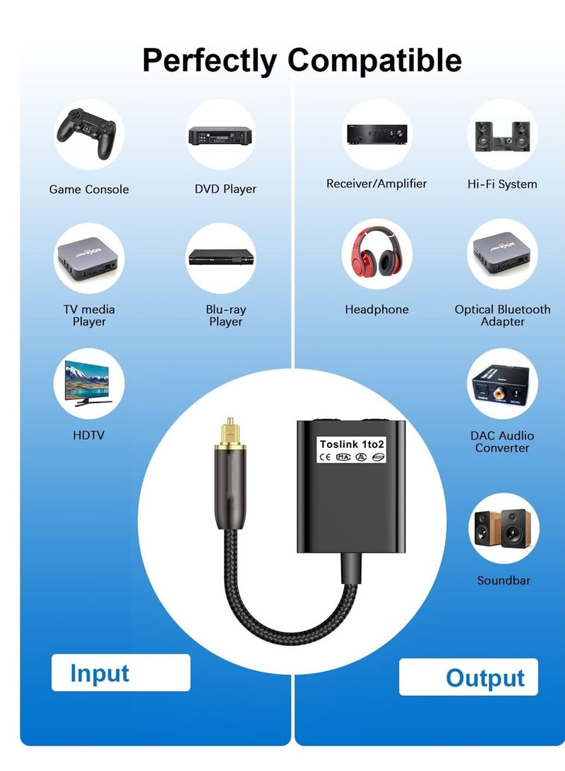 KASTWAVE Optical Cable Splitter, 1 In 2 Out Toslink Splitter Digital Optical Audio Cable Splitter for Soundbar to TV, Black, 1Pcs - Image 2
