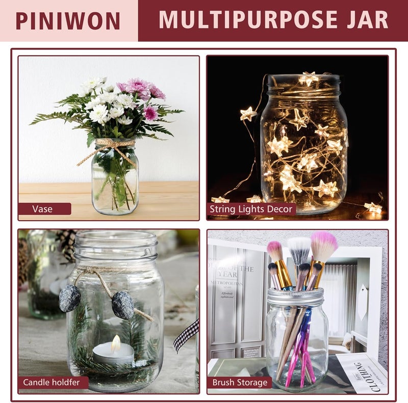 PINIWON Mason Jars 16 oz with Airtight Lids and Bands, 15 Pack Regular Mouth Canning Jars, Clear Glass Pint Jars for Canning, Pickling, Food Storage, DIY Projects, 24 Labels, Brush & String Included - Image 5