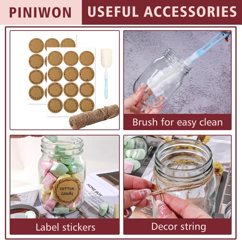 PINIWON Mason Jars 16 oz with Airtight Lids and Bands, 15 Pack Regular Mouth Canning Jars, Clear Glass Pint Jars for Canning, Pickling, Food Storage, DIY Projects, 24 Labels, Brush & String Included - Image 4