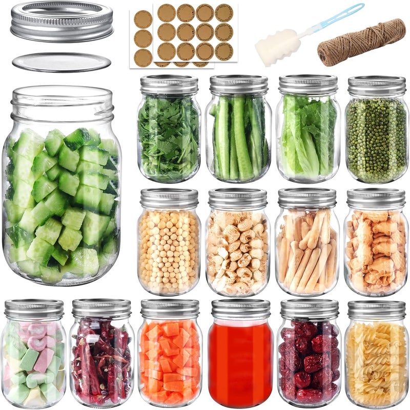 PINIWON Mason Jars 16 oz with Airtight Lids and Bands, 15 Pack Regular Mouth Canning Jars, Clear Glass Pint Jars for Canning, Pickling, Food Storage, DIY Projects, 24 Labels, Brush & String Included - Image 1
