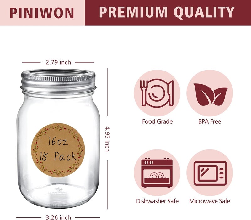 PINIWON Mason Jars 16 oz with Airtight Lids and Bands, 15 Pack Regular Mouth Canning Jars, Clear Glass Pint Jars for Canning, Pickling, Food Storage, DIY Projects, 24 Labels, Brush & String Included - Image 2