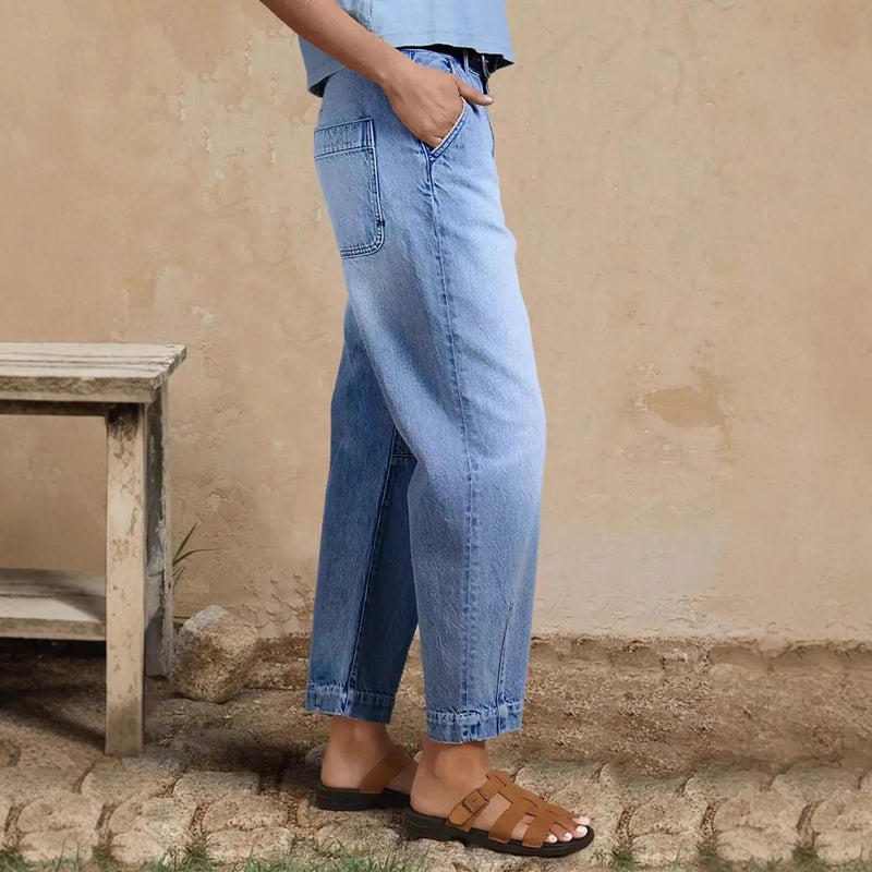 Women's Casual Fashion Wide Leg Straight Cropped Denim Jeans Light Blue - Image 3