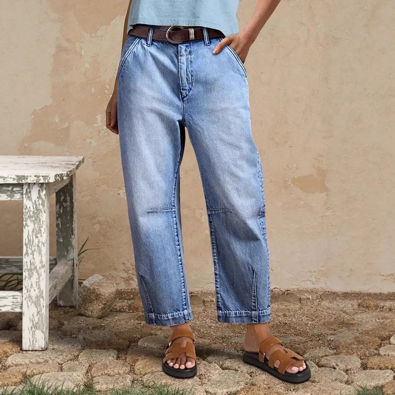 Women's Casual Fashion Wide Leg Straight Cropped Denim Jeans Light Blue - Image 2