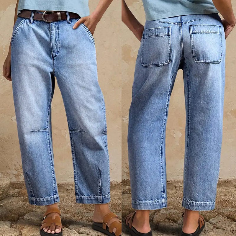 Women's Casual Fashion Wide Leg Straight Cropped Denim Jeans Light Blue - Image 1