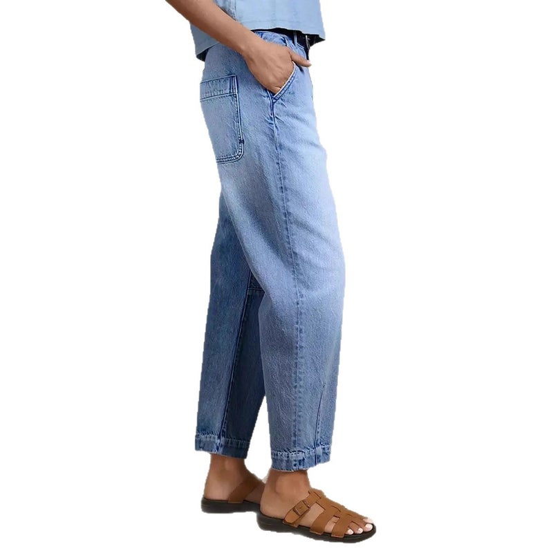 Women's Casual Fashion Wide Leg Straight Cropped Denim Jeans Light Blue - Image 5