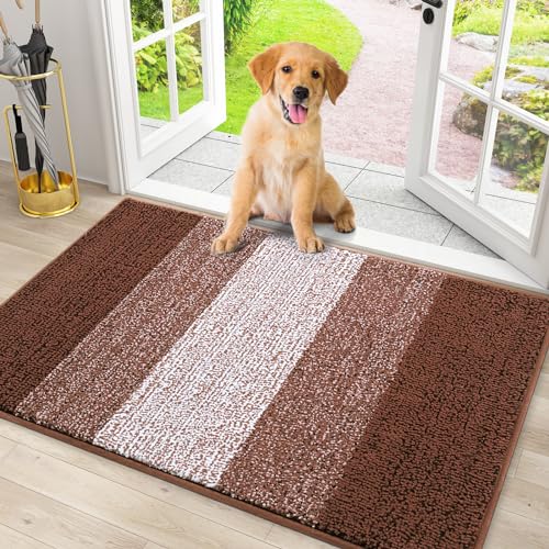 Smiry Dog Door Mat for Muddy Paws Absorbs Moisture and Dirt LowProfile Entryway Mat with NonSlip Backing Entry Indoor Outdoor Doormat for Inside Floor 30x20 Inches Brown Striped