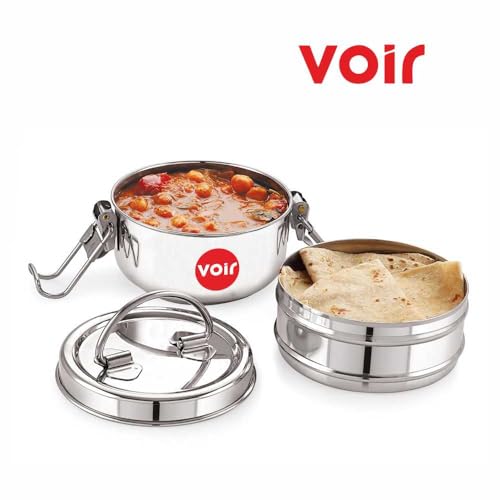Voir Stainless Steel Lunch Box/Tiffin with Locking Clip, Hot & Cold, Compact & Durable, Perfect for Office, School, Picnic and Travel use (2Tier - 800ml Capacity) - Image 3