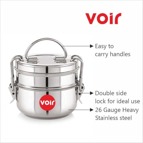 Voir Stainless Steel Lunch Box/Tiffin with Locking Clip, Hot & Cold, Compact & Durable, Perfect for Office, School, Picnic and Travel use (2Tier - 800ml Capacity) - Image 4