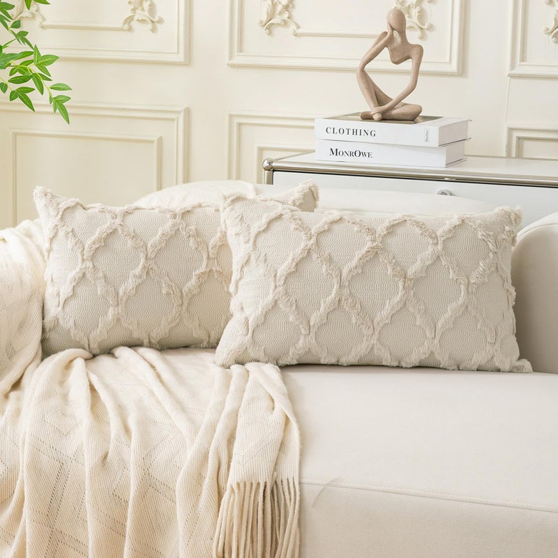 Cozoomy مجموعة كوزومي من غطاءي وسائد ديكور بوهيمي، مقاس 12×20 بوصة، أغطية وسائد ناعمة للسرير والأريكة وغرفة المعيشة، بيج - Image 1