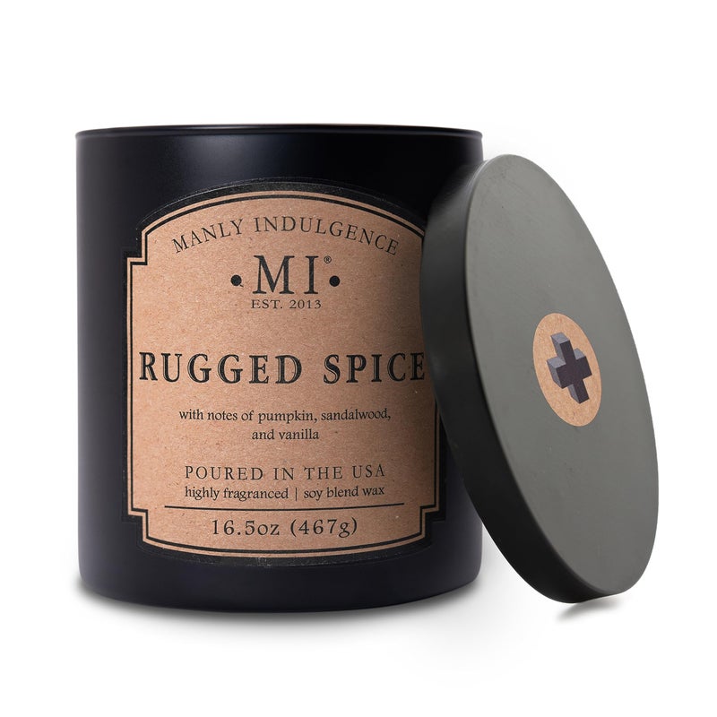 مانلي إندولجينس شمعة برطمان معطرة بالتوابل القوية من Manly Indulgence، 2 فتائل من القطن، مزيج من الصويا الفاخر، شمع أبيض، 60 ساعة، شمعة سوداء غير لامعة للمنزل والرجال، 16.5 أونصة - مصبوبة في الولايات المتحدة الأمريكية - Image 1