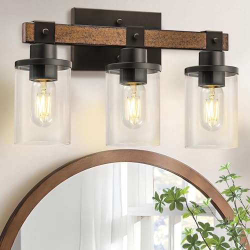 GOEBLESON 3-Light Bathroom Light Fixture, Farmhouse Vanity Lights for Bathroom with Glass Shade, Rustic Bathroom Light Fixtures, E26 Base F08BD05 - Image 1