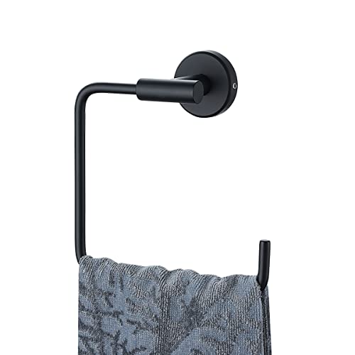 JQK Black Towel Ring, Stainless Steel Square Ring Towel Holder for Bathroom, 6 Inch Matte Black Wall Mount, TR140-PB - Image 1