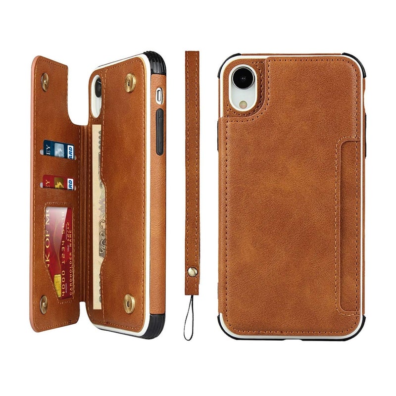 iCoverCase Compatible with iPhone XR Wallet Phone Case with Card Holder and Wrist Strap PU Leather Magnetic Clasp Shockproof Case 6.1 Inch (Khaki) - Image 1