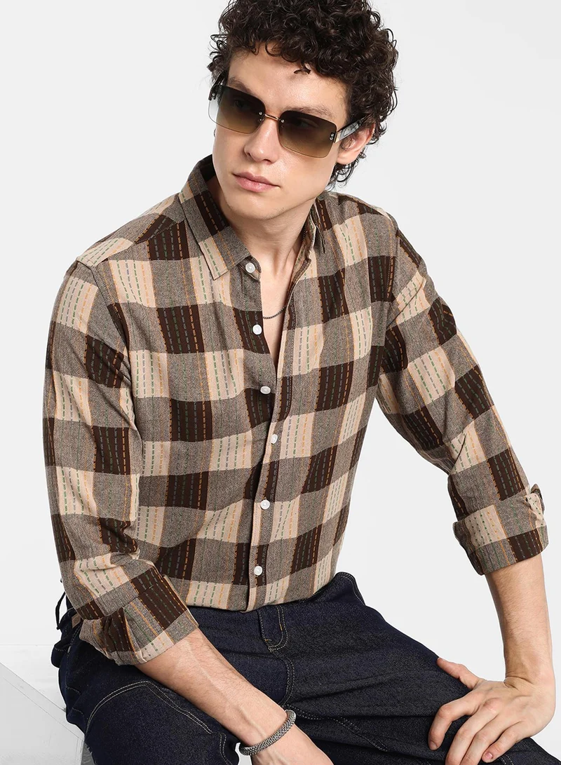 كامبوس سوترا Men's Chocolate Brown Chalk-Buffalo Check Shirt For Casual Wear | Spread Collar | Long Sleeve | Button Closure | Shirt Crafted With Comfort Fit For Everyday Wear
