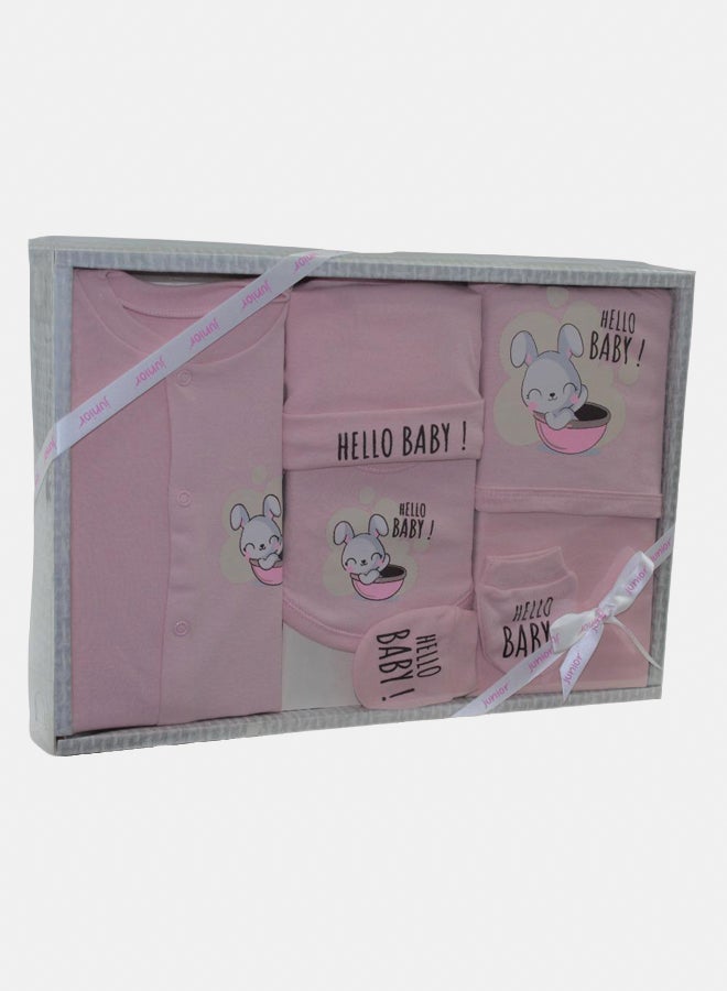 Junior Baby Girls Cotton Gift Box – Pink with "Hello Baby" Design (5 Pcs) - Image 1
