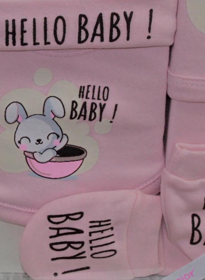 Junior Baby Girls Cotton Gift Box – Pink with "Hello Baby" Design (5 Pcs) - Image 3