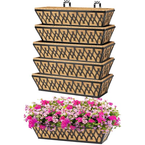 Karlliu 6 Pack 24 Inch Window Boxes Planters Railing Planter Box with Adjustable Brackets for Porch Fence Patio Balcony Hanging Flower Baskets with Coco Liners for Outdoor Garden Decor - Black - Image 1